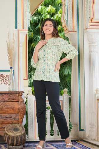  women's floral printed regular pintucks shirt (green)