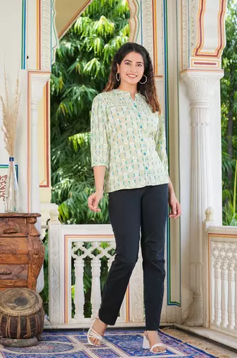  women's floral printed regular pintucks shirt (green)