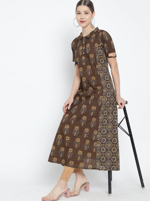  women's cotton floral printed a-line kurti (brown) 4