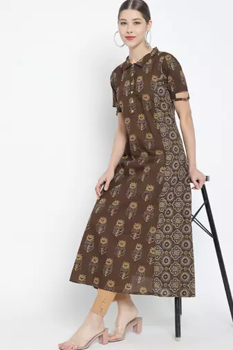  women's cotton floral printed a-line kurti (brown)