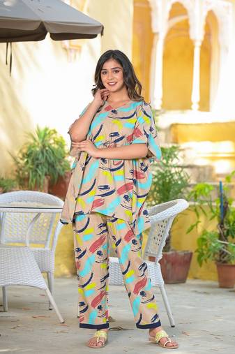 Yash gallery women's brush print kaftan night suit(multi)
