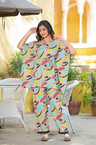  women's brush print kaftan night suit(multi)