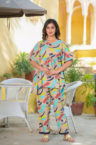 women's brush print kaftan night suit(multi)