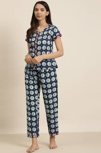Yash gallery women's geomatrical printed night suit(blue)