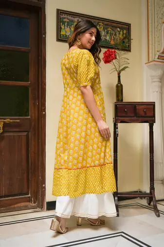  women's mustard floral printed anarkali kurti (mustard)