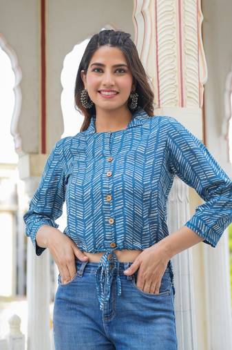 Yash gallery women's geomatrical printed indigo high-low shirt (blue)