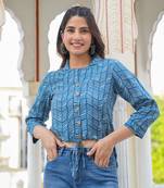 Yash gallery women's geomatrical printed indigo high-low shirt (blue)