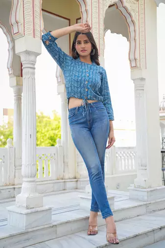  women's geomatrical printed indigo high-low shirt (blue)