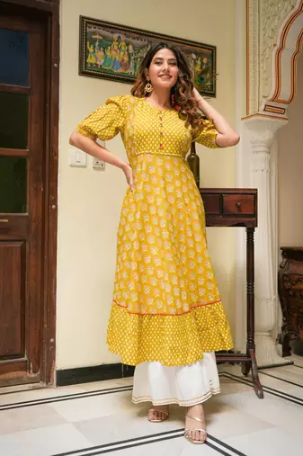  women's mustard floral printed anarkali kurti (mustard)