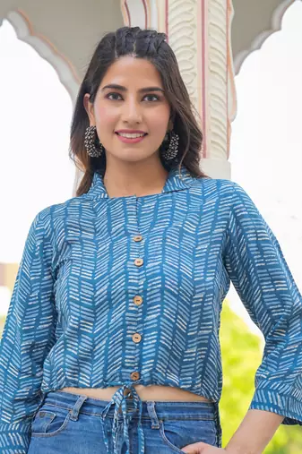  women's geomatrical printed indigo high-low shirt (blue)