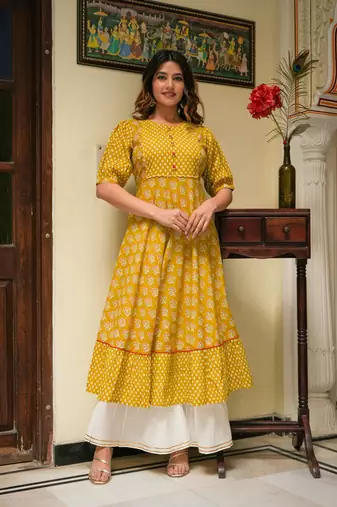  women's mustard floral printed anarkali kurti (mustard)