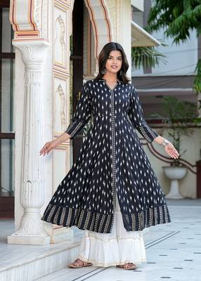  women's rayon ikat printed anarkali kurta (black) 1
