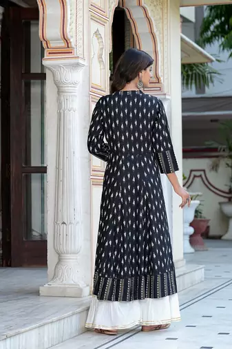  women's rayon ikat printed anarkali kurta (black)