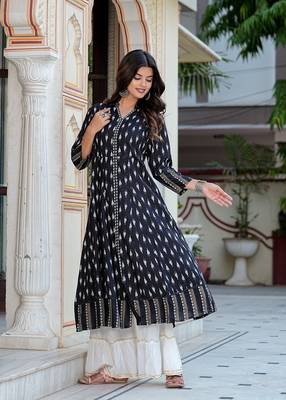  women's rayon ikat printed anarkali kurta (black) 3