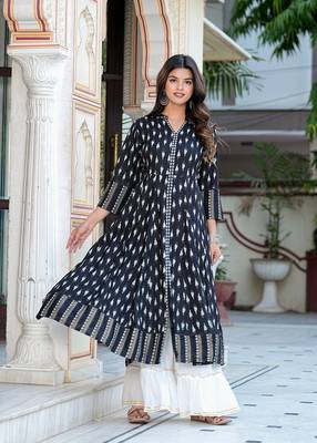  women's rayon ikat printed anarkali kurta (black) 4