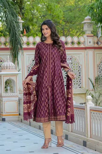  women's cotton gold print anarkali kurti & dupatta (wine)