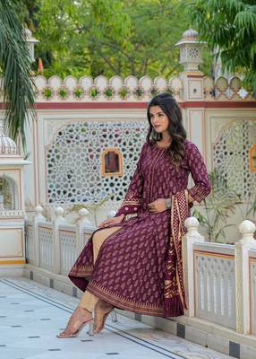 women's cotton gold print anarkali kurti & dupatta (wine) 4