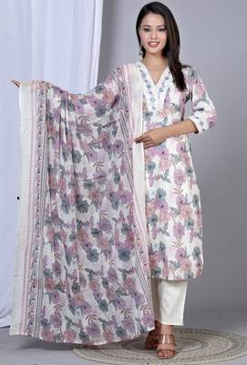  women's floral printed embroidered kurta with pant & dupatta set (pink) 1