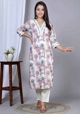  women's floral printed embroidered kurta with pant & dupatta set (pink) 2