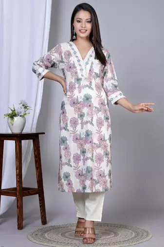  women's floral printed embroidered kurta with pant & dupatta set (pink)