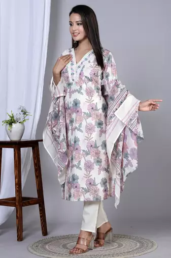  women's floral printed embroidered kurta with pant & dupatta set (pink)