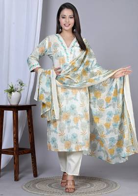  women's floral printed embroidered kurta with pant & dupatta set (mustard) 1