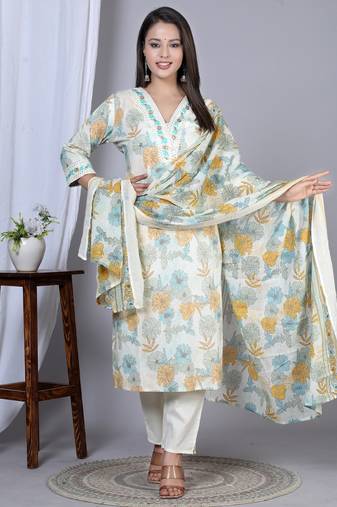 Yash gallery women's floral printed embroidered kurta with pant & dupatta set (mustard)