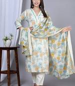 Yash gallery women's floral printed embroidered kurta with pant & dupatta set (mustard)