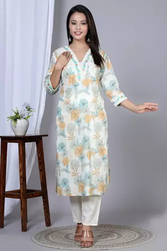  women's floral printed embroidered kurta with pant & dupatta set (mustard)