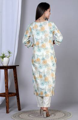  women's floral printed embroidered kurta with pant & dupatta set (mustard) 3