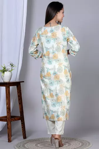  women's floral printed embroidered kurta with pant & dupatta set (mustard)