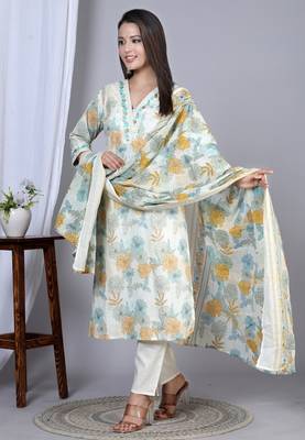  women's floral printed embroidered kurta with pant & dupatta set (mustard) 4