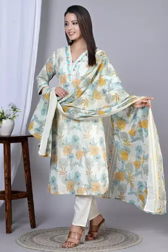  women's floral printed embroidered kurta with pant & dupatta set (mustard)