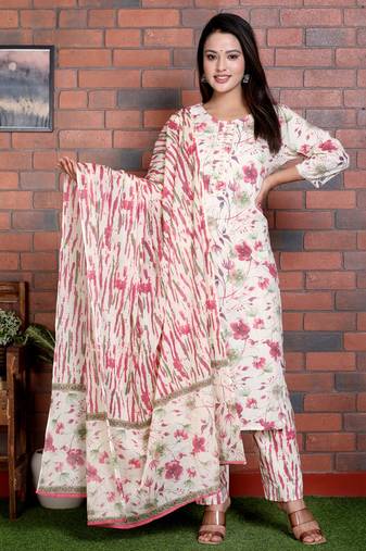 Yash gallery women's floral printed embroidered kurta with pant & dupatta set (pink)