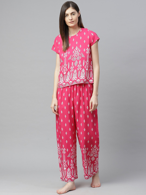  women's geomatrical printed night suit(pink) 1