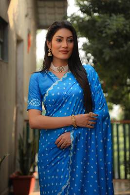 Women Blue Bandhej Silk And Bandhni Zari Weaving With Rich Pallu Saree With Blouse For Women 4