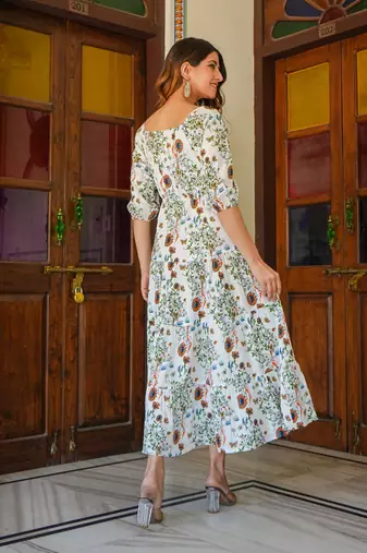  women's floral printed tiered style dress (white)