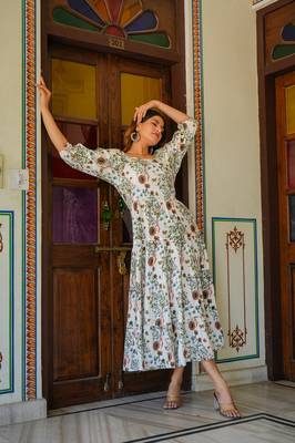  women's floral printed tiered style dress (white) 3