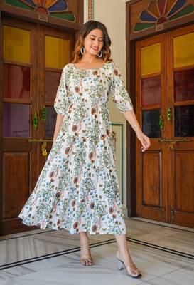  women's floral printed tiered style dress (white) 4