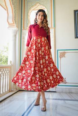  women's floral printed anarkali dress (maroon) 1