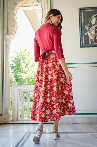  women's floral printed anarkali dress (maroon)
