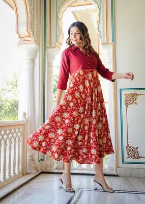  women's floral printed anarkali dress (maroon) 3