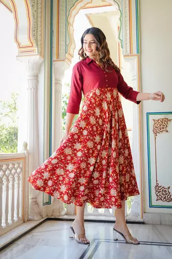  women's floral printed anarkali dress (maroon)