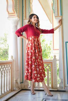  women's floral printed anarkali dress (maroon) 4