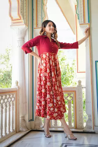  women's floral printed anarkali dress (maroon)