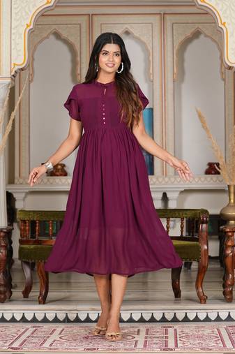 Yash gallery women's wine pleated  georgette anarkali dress (wine)