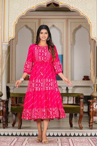 Yash gallery women's floral gold printed tiered dress (pink)