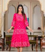 Yash gallery women's floral gold printed tiered dress (pink)