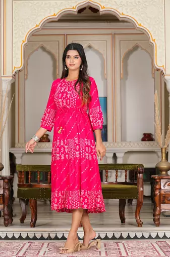  women's floral gold printed tiered dress (pink)