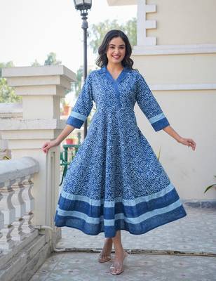  women's blue cotton floral printed anarkali dress (blue) 1